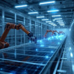 Advanced robotic arms assembling solar panels in a high-tech manufacturing facility