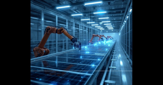 Advanced robotic arms assembling solar panels in a high-tech manufacturing facility