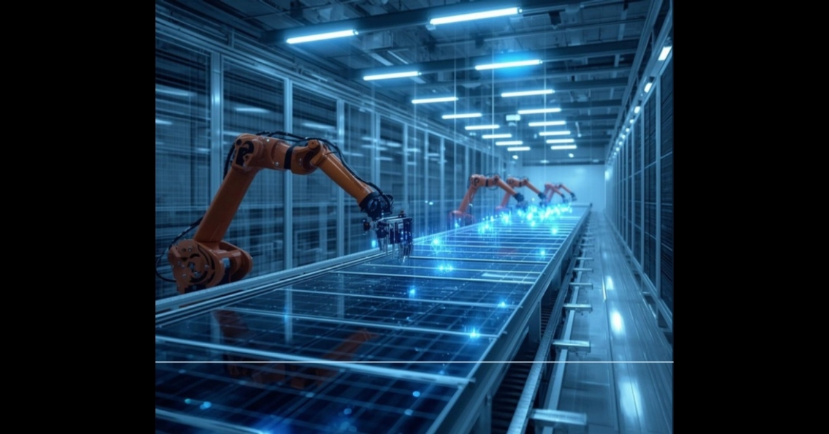 Advanced robotic arms assembling solar panels in a high-tech manufacturing facility